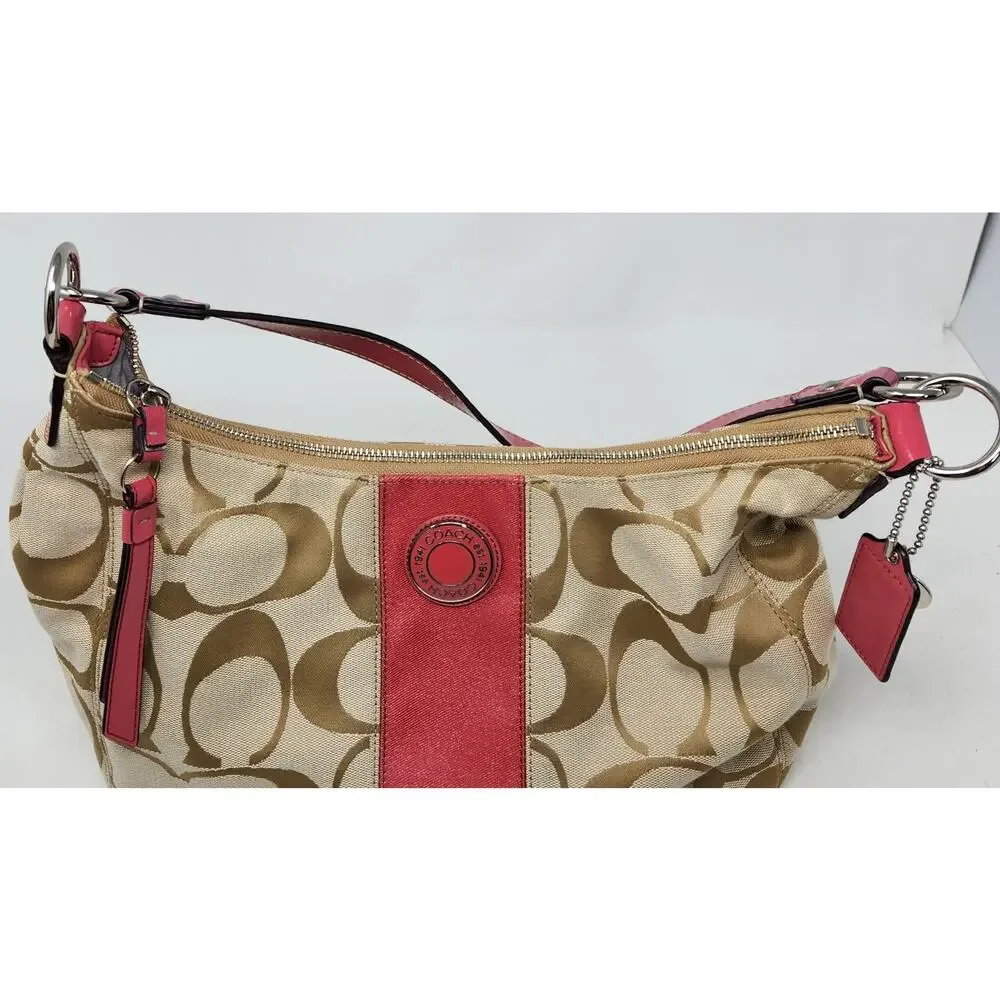 Vtg Y2K Coach Signature Stripe Hobo Shoulder Bag F19281 Khaki/Berry Pink
